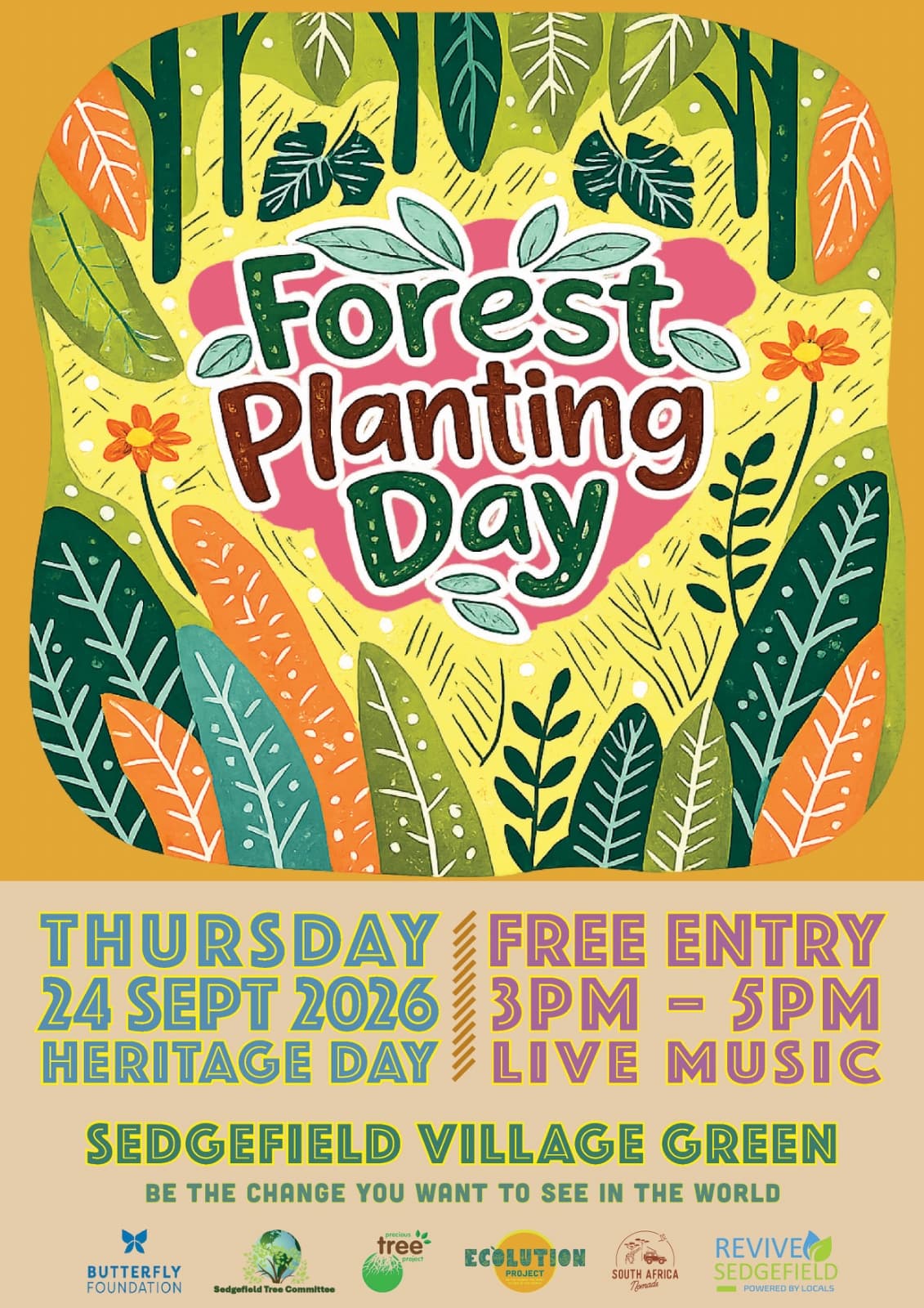 Forest Planting Day flyer — Thursday 24 September 2026, Heritage Day, Sedgefield Village Green
