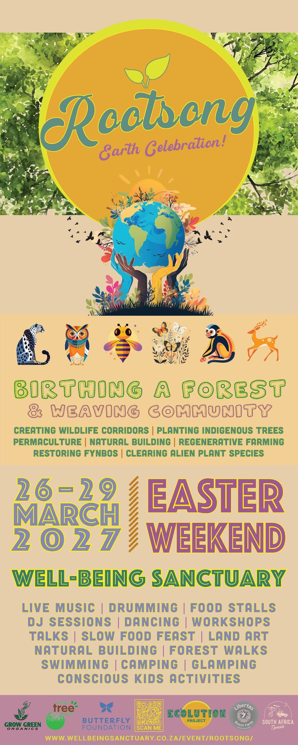 Rootsong Earth Celebration poster — 26–29 March 2027, Easter Weekend, Well-Being Sanctuary